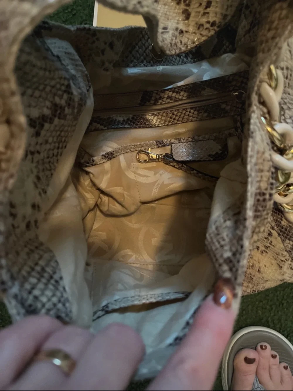 Michael Kors Snake-Print Shoulder Bag in Beige and Taupe with Gold Chain Detail